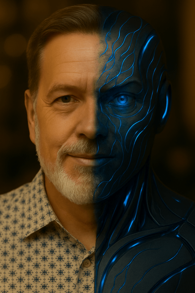 Eine halb menschliche, halb künstliche Figur mit einem traditionellen Hemd auf der linken Seite und einer futuristischen, blau leuchtenden, mechanischen Haut auf der rechten Seite.