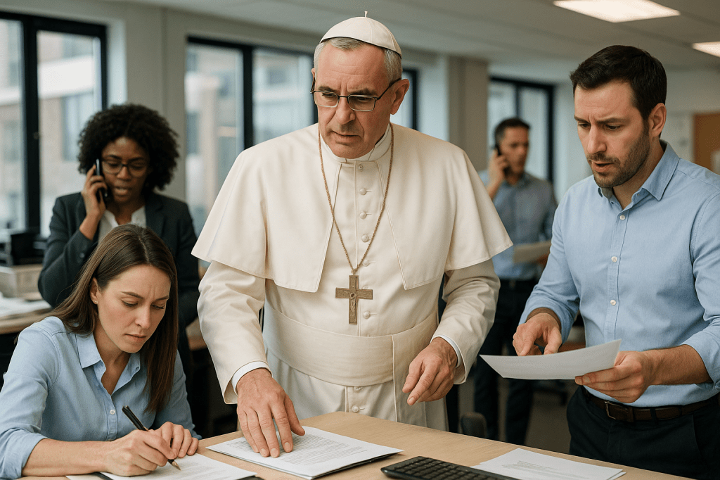 In einem modernen Büro steht ein Mann in weißer päpstlicher Kleidung mit Kreuzkette an einem Tisch, umgeben von mehreren Mitarbeitenden. Eine Frau schreibt etwas, ein Mann zeigt ihm ein Dokument, und weitere Personen telefonieren im Hintergrund. Die Szene wirkt wie ein lebhafter Arbeitsalltag.