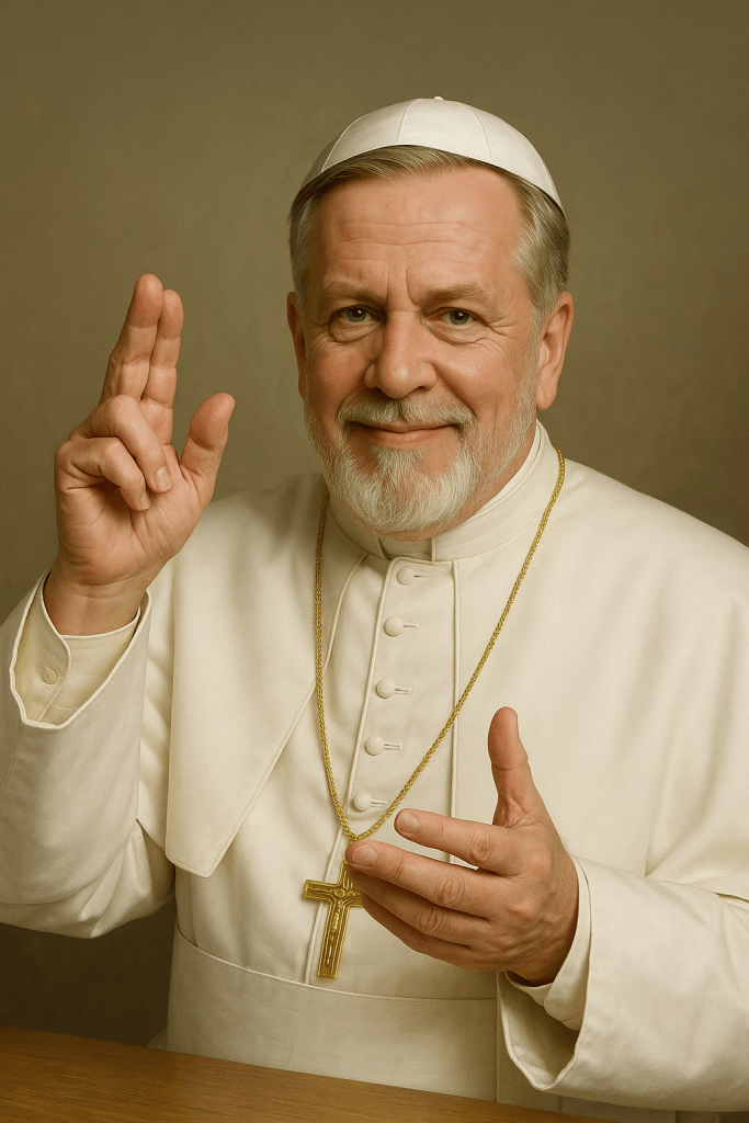 Ein älterer Mann in weißer päpstlicher Kleidung mit Kreuzkette sitzt an einem Tisch und hebt die rechte Hand zu einem Segensgestus, während er freundlich lächelt.