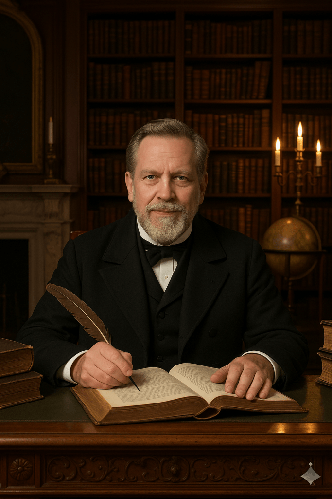 Ein älterer Herr mit grauem Bart und freundlichem Gesichtsausdruck sitzt an einem schweren Holztisch in einer Bibliothek. Er trägt einen schwarzen Anzug mit Weste und Fliege und hält eine Feder über ein aufgeschlagenes Buch, als würde er gerade schreiben. Im Hintergrund stehen hohe Regale voller ledergebundener Bücher, rechts brennen Kerzen in einem Kerzenständer, daneben steht ein Globus.