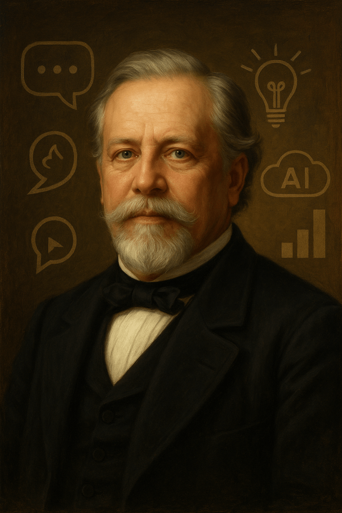 Ein klassisch gemaltes Porträt im Stil des 19. Jahrhunderts zeigt einen älteren Herrn mit grauem Haar, Bart und schwarzer Fliege. Hinter ihm erscheinen moderne Symbole wie Chatblasen, eine Glühbirne, ein Cloud-Symbol mit ‚AI‘ und ein Balkendiagramm. Das Bild schlägt eine Brücke zwischen Theodor Fontanes Realismus und unserer digitalen Gegenwart – von Eisenbahn und Mietskasernen zu Künstlicher Intelligenz und Social Media.