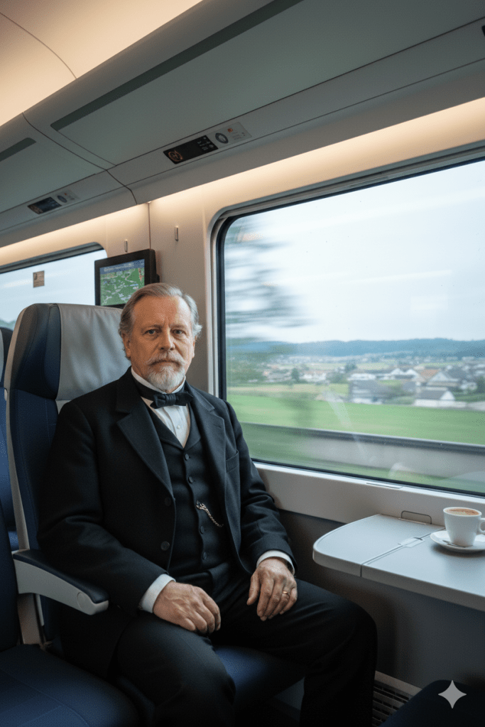 Älterer Mann in klassischem schwarzen Anzug mit Weste und Fliege sitzt in einem modernen Zug am Fenster. Auf dem Tisch vor ihm steht eine Tasse Kaffee, draußen zieht eine Landschaft mit Häusern und Feldern vorbei. Das Bild verbindet historische Kleidung mit moderner Reisewelt.