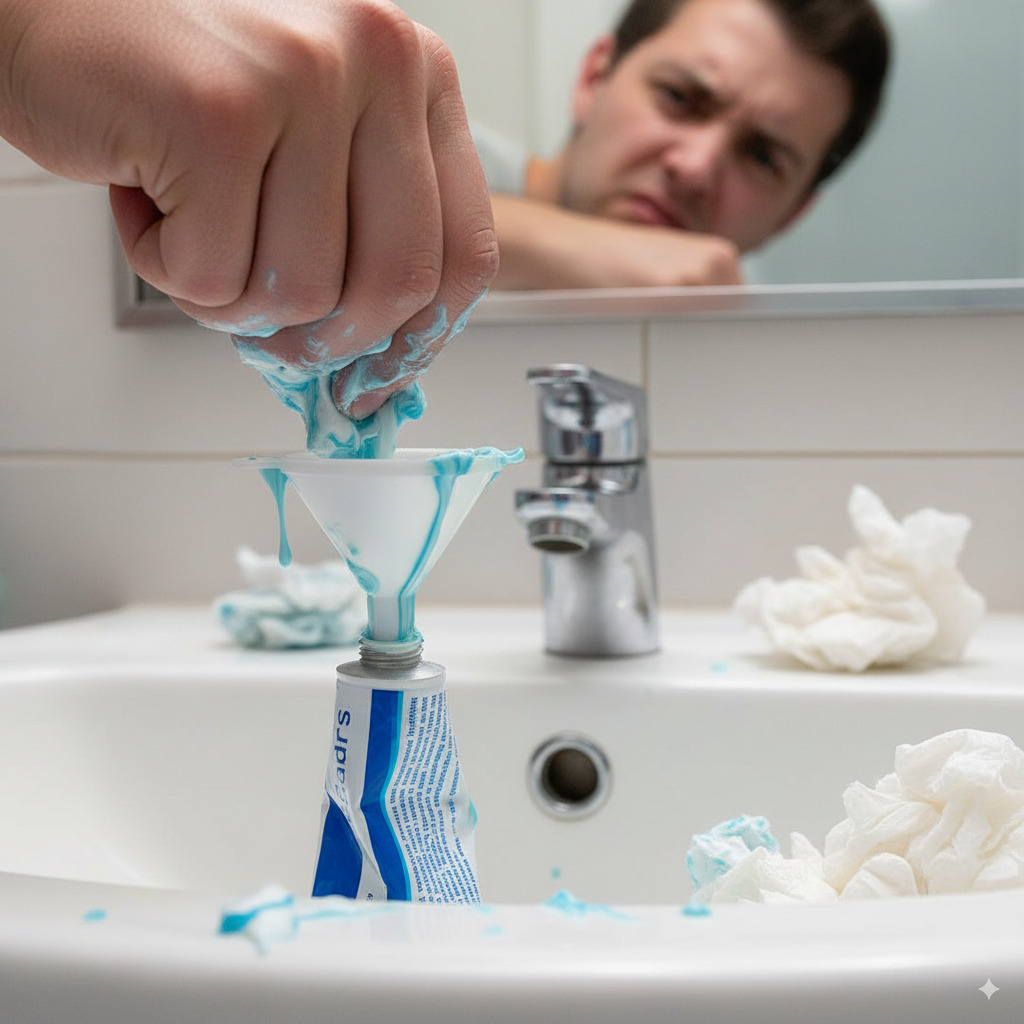 „Ein Mann versucht frustriert, mit den Fingern blaue Zahnpasta durch einen Trichter zurück in eine leere Tube zu drücken. Zahnpasta schmiert über den Trichter und das Waschbecken, im Hintergrund sind zerknüllte Papiertücher und der Mann schaut genervt in den Spiegel.“